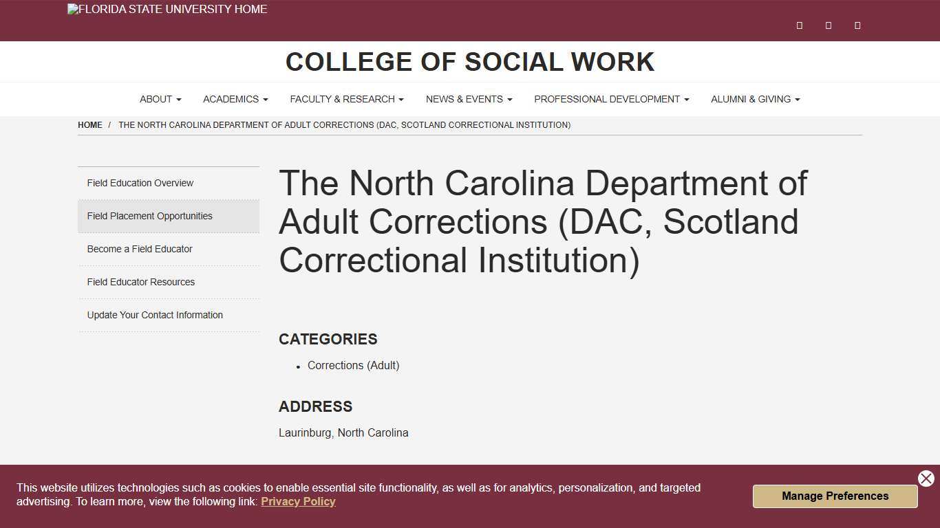 The North Carolina Department of Adult Corrections (DAC, Scotland Correctional Institution) | College of Social Work